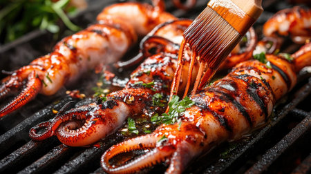 A close-up of grilled squid being brushed with a tangy marinade, highlighting the glistening surface and smoky aroma, set against a dark, textured backgroundの素材