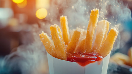 A close-up shot of freshly cooked French fries in a white cone, with steam rising and a splash of bright red ketchup on the side, evoking a sense of comfort foodの素材