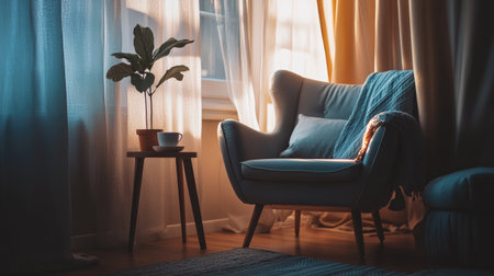 A cozy corner of a living room featuring a comfortable armchair, a small side table with a cup of tea, and a window with soft curtains letting in lightの素材
