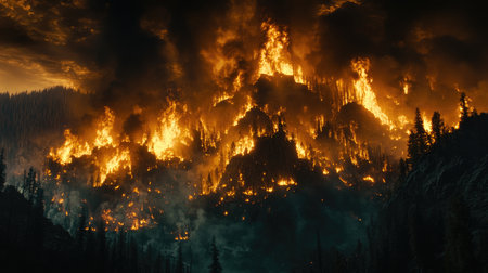 A dark scene of a forest fire raging in the background, with glowing embers and smoke billowing into the night sky, emphasizing the ferocity of nature's wrathの素材