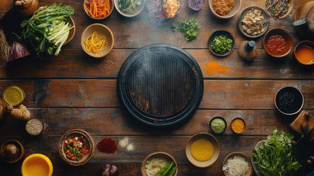 A cozy dining atmosphere featuring a mookata grill at the center of a table, surrounded by a variety of fresh ingredients and colorful sauces, creating a communal meal experienceの素材