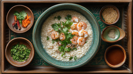 A decorative serving tray featuring shrimp rice porridge, fresh herbs, and condiments, evoking a sense of hospitality and shared mealsの素材