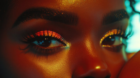 A dramatic close-up of a woman's eyes filled with emotion, adorned with colorful eyeshadow and highlighted by a soft light that brings out their beautyの素材