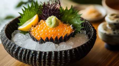 This vibrant sushi bowl displays fresh fish roe garnished with wasabi and lemon, served on ice. An artistic presentation perfect for gourmet dining.の素材