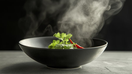 A vibrant black bowl holds fresh herbs and chili, with steam rising, showcasing a delicious ingredient perfect for culinary creations and flavorful dishes.の素材
