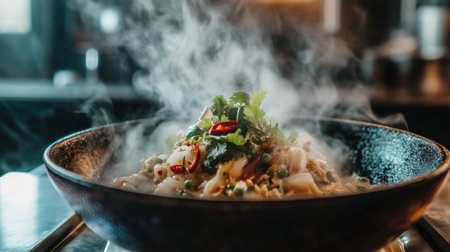 A steaming bowl of fresh noodle dish garnished with herbs and spices, showcasing culinary artistry. Perfect for food enthusiasts and chefs alike.の素材