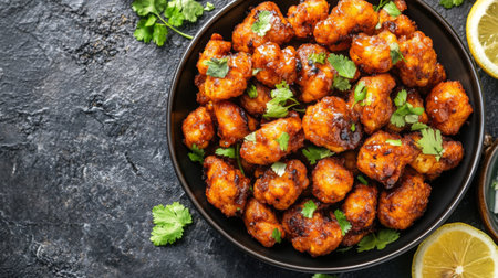 Indulge in these spicy fried cauliflower bites garnished with fresh herbs and vibrant lemon wedges. Perfect for appetizers or snacks, this dish offers a delightful crunch and rich flavor.の素材