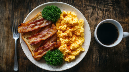 A tempting breakfast plate featuring fluffy scrambled eggs, crispy bacon, toasted bread, and a cup of rich coffee, perfect for a satisfying morning.の素材