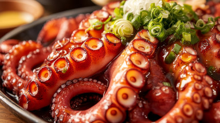 A close-up view of a beautifully plated octopus dish, garnished with fresh green onions, showcasing vibrant colors and rich textures, perfect for seafood lovers.の素材
