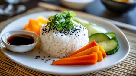 A vibrant plated dish featuring fluffy rice, fresh vegetables, and a savory sauce, ideal for food enthusiasts and culinary presentations. Enjoy the freshness!の素材