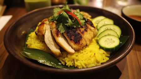 This vibrant dish features grilled chicken garnished with cilantro and cucumber slices served on a bed of flavorful yellow rice, perfect for a hearty meal.の素材