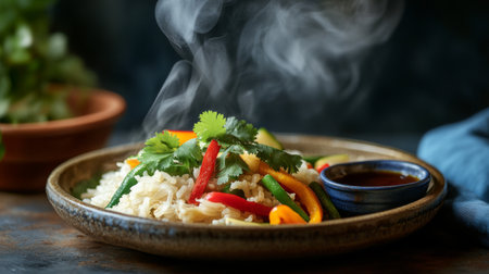 A vibrant plate of delicious rice topped with colorful vegetables and fresh cilantro, emitting steam that highlights its freshness and warmth.の素材
