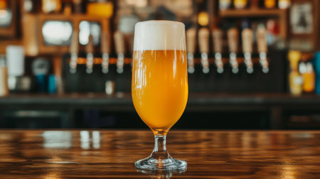 A refreshing glass of beer sits elegantly on a wooden bar counter, showcasing its frothy foam and golden hue, perfect for casual gatherings and celebrations.の素材