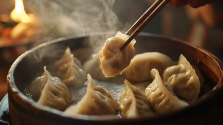 A close-up of delicious steaming dumplings being lifted with chopsticks from a bamboo steamer, capturing the warmth and inviting aroma of a classic Asian dish.の素材