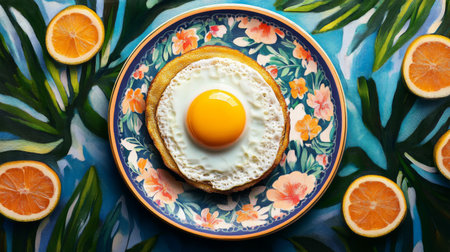 A vibrant pancake topped with a perfectly fried egg sits on a floral plate, surrounded by fresh orange slices on a colorful blue background, creating a cheerful breakfast scene.の素材