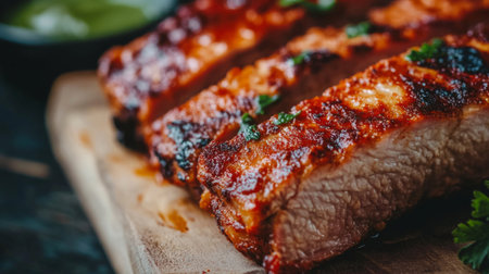 Close-up view of juicy grilled pork ribs glazed with rich BBQ sauce, placed on a wooden board. Perfect for showcasing delicious summer meals or culinary creations.の素材