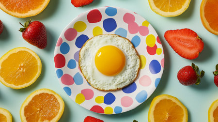 This vibrant breakfast scene features a fried egg centered on a colorful polka dot plate, surrounded by fresh strawberries and oranges, creating a lively and cheerful atmosphere.の素材