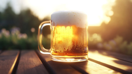 A stunning image of a glass of cold beer with foam sitting on a wooden table, illuminated by warm sunlight. Perfect for capturing moments of relaxation and enjoyment.の素材