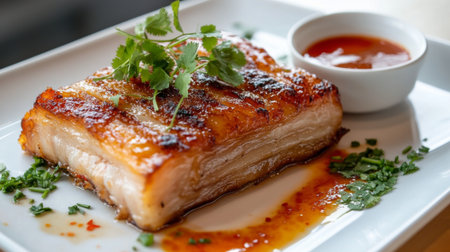 Indulge in this exquisite grilled pork belly beautifully garnished with fresh herbs and served with a spicy dipping sauce, perfect for any dining occasion.の素材