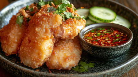 Indulge in this crispy fried chicken served with a flavorful dipping sauce and fresh cucumber slices, perfect for a delicious meal or snack experience.の素材