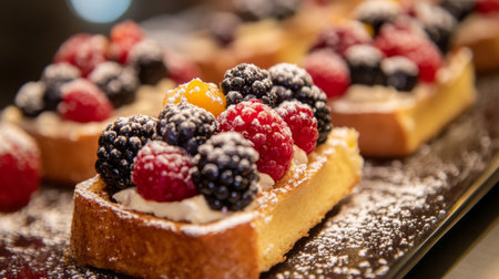 A delectable dessert featuring a buttery pastry topped with whipped cream and a vibrant mix of fresh berries, perfect for any sweet occasion.の素材