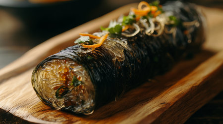 A beautiful presentation of a transparent noodle dish garnished with fresh herbs and vegetables, showcasing vibrant colors and rich textures.の素材