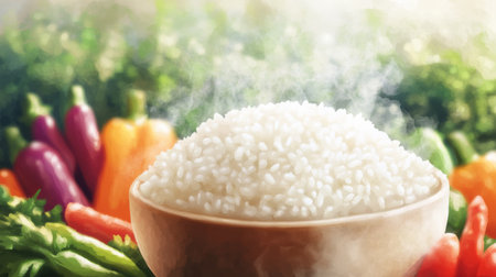 A steaming bowl of freshly cooked rice sits in the foreground, surrounded by a vibrant array of fresh vegetables. This colorful composition highlights the essence of healthy cooking and nutrition.の素材