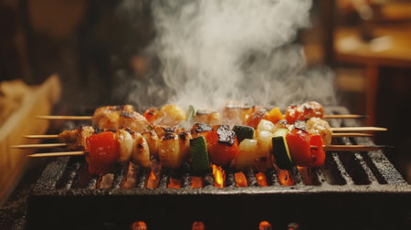 Delicious grilled skewers featuring chicken and vibrant vegetables smoke over a barbecue, highlighting outdoor cooking's flavorful appeal and summer enjoyment.の素材
