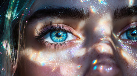 A high-contrast close-up of a woman's eyes, revealing unique details such as flecks of color and intensity, against a dark background for dramatic effectの素材