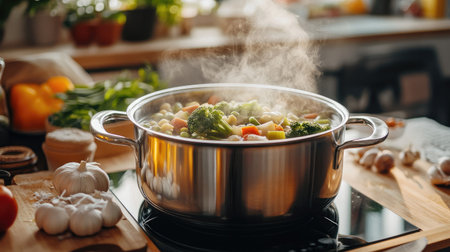 A large soup pot filled to the brim with hearty vegetable stew, steam wafting up, set on a cozy kitchen counter surrounded by fresh ingredientsの素材