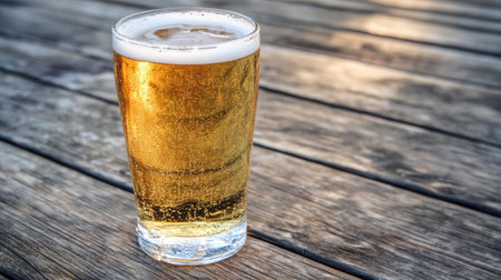 A frosty glass of golden beer with condensation, sitting on a wooden table, with soft natural light highlighting its rich color and inviting foamの素材
