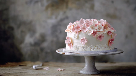 A pastel-colored cake featuring delicate piping and intricate sugar flowers, elegantly presented on a vintage cake stand with soft lightingの素材