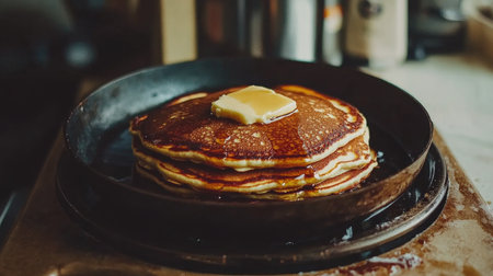 A pan filled with pancakes cooking on a griddle, golden brown and surrounded by melting butter, showcasing the delightful breakfast in progressの素材