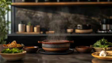 A steaming ceramic pot sits at the center, surrounded by fresh ingredients and vegetables, creating a warm and inviting atmosphere perfect for cooking.の素材