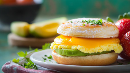 A vibrant breakfast sandwich featuring fluffy scrambled egg, melted cheese, and fresh avocado slices, garnished with chives on a rustic plate. Perfect for a wholesome meal.の素材