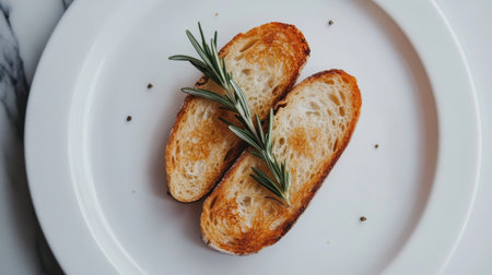 Delight in the simplicity of toasted bread slices garnished with fresh rosemary. This image captures a minimalist presentation ideal for food-related themes.の素材