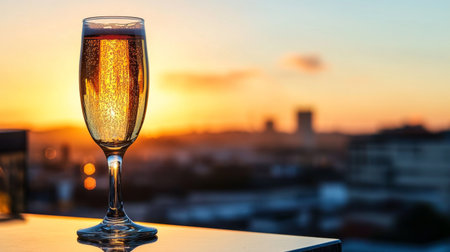 A beautifully crafted glass of sparkling drink captures the warm hues of a sunset over an urban skyline, creating a serene and celebratory atmosphere.の素材