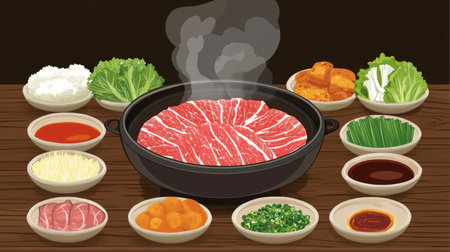 Enjoy a vibrant hot pot scene featuring fresh beef and assorted vegetables, all beautifully arranged around a steaming pot, perfect for communal dining experiences.の素材