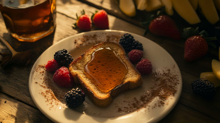 Enjoy a beautiful plate of toast drizzled with honey, surrounded by fresh berries. A perfect blend of flavors and textures for a delightful breakfast.の素材