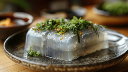 A beautiful presentation of a traditional Asian jelly dish garnished with fresh herbs, showcasing culinary artistry and vibrant colors. Perfect for food enthusiasts.の素材