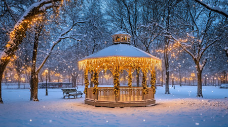 A charming gazebo adorned with twinkling lights in a snow-covered park creates a serene winter scene, perfect for holidays and winter celebrations.の素材