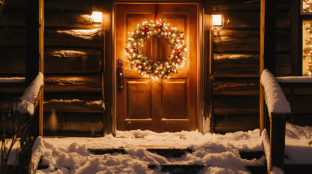A charming log cabin entrance adorned with a bright holiday wreath, glowing lights, and a blanket of snow, creating a warm and inviting winter scene.の素材