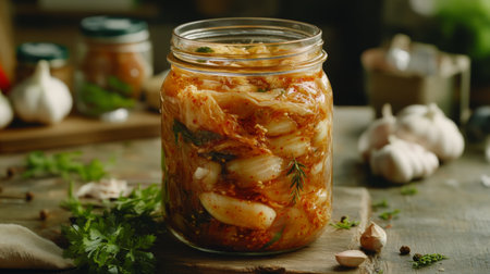 A close-up of homemade fermented kimchi in a glass jar, showcasing vibrant colors and textures. Perfect for promoting healthy eating and traditional cuisine.の素材