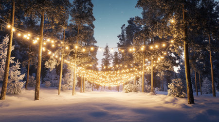 Enchanted winter scene showcases a serene forest pathway adorned with glowing string lights, creating a magical atmosphere amidst the fresh snow and tall trees.の素材