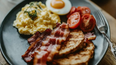 Enjoy a vibrant breakfast plate featuring fluffy scrambled eggs, crispy bacon, fresh tomatoes, and a sunny-side-up egg, perfect for energizing your mornings.の素材