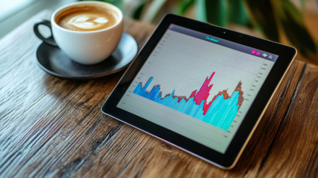 A modern workspace featuring a tablet displaying a stock market chart beside a steaming cup of coffee. Ideal for finance, technology, and productivity themes.の素材