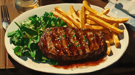 A delicious steak served with a side of fresh greens, golden fries, and a rich, creamy sauce.の素材