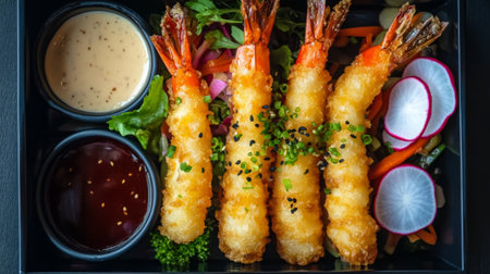 Tempura shrimp and vegetables beautifully arranged in a traditional Japanese bento box, accompanied by dipping sauce and garnished with radish slices.の素材