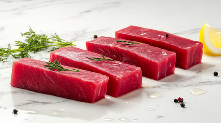 A vibrant selection of fresh, bright red meats displayed on a marble countertop, with droplets of water highlighting their freshness, surrounded by herbs.の素材