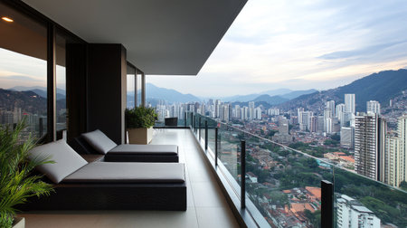 A modern apartment balcony with sleek furniture, a glass railing, and a breathtaking city view.の素材